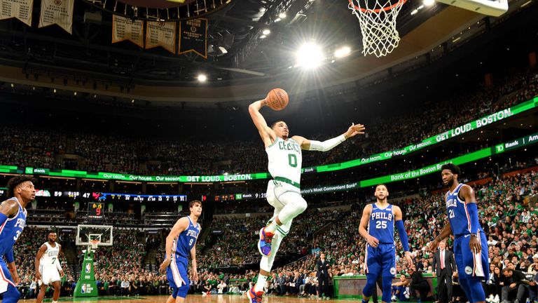 Jayson Tatum #0 of the Boston Celtics shoots the ball against the Philadelphia 76ers during a game on October 16, 2018 at TD Garden in Boston, Massachusetts