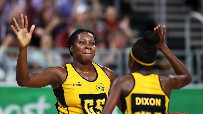 Jhaniele Fowler-Reid of Jamaica celebrates after shooting the winning goal during the Netball Preliminary Round Pool B match between South Africa and Jamaica on day two of the Gold Coast 2018 Commonwealth Games at Gold Coast Convention and Exhibition Centre on April 6, 2018 on the Gold Coast, Australia