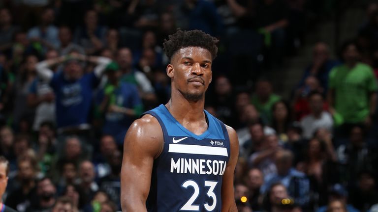 MINNEAPOLIS, MN - APRIL 23:  Jimmy Butler #23 of the Minnesota Timberwolves looks on during the game against the Houston Rockets in Game Four of Round One of the 2018 NBA Playoffs on April 23, 2018 at Target Center in Minneapolis, Minnesota.