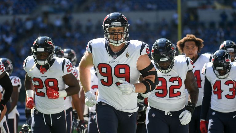 INDIANAPOLIS, IN - SEPTEMBER 30: J.J. Watt #99 and the Houston Texans  run back to the locker room before the game against the Indianapolis Colts at Lucas Oil Stadium on September 30, 2018 in Indianapolis, Indiana. (Photo by Bobby Ellis/Getty Images) *** Local Caption *** J.J. Watt
