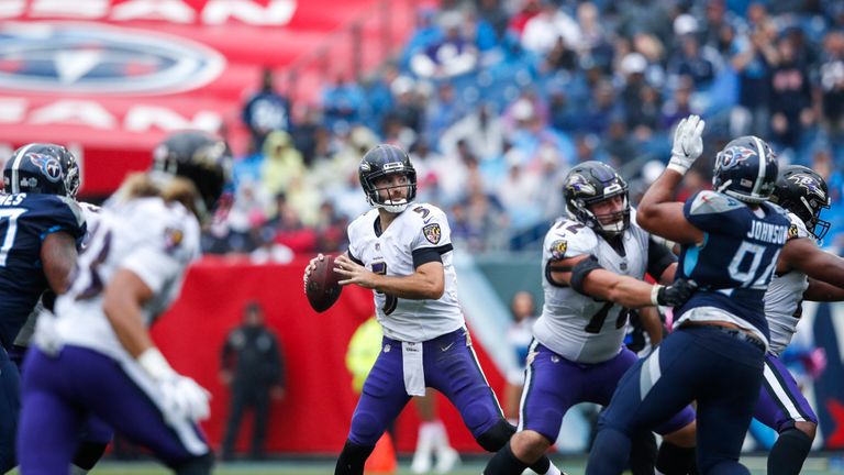 Joe Flacco #5 of the Baltimore Ravens throws a pass against the Tennessee Titans during the first quarter at Nissan Stadium on October 14, 2018 in Nashville, Tennessee.
