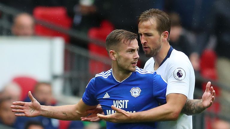 Harry Kane confronts Joe Ralls in Tottenham's win over Cardiff