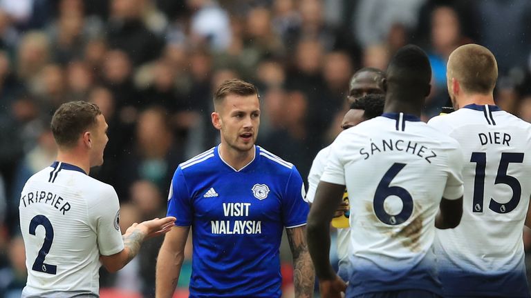 Joe Ralls was sent off for a foul on Lucas Moura in Cardiff's defeat at Tottenham