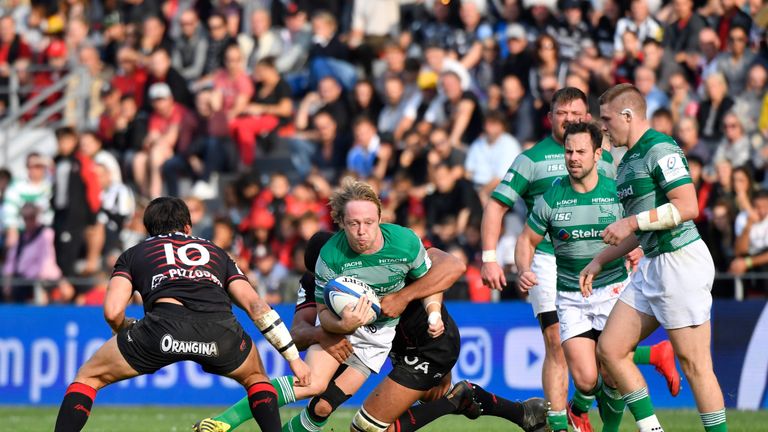Joel Hodgson takes contact during Newcastle Falcons' win over Toulon in the Heineken Champions Cup