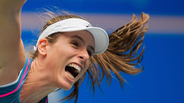 Johanna Konta of Britain serves against Ashleigh Barty of Australia during their women's singles second round match of the WTA Wuhan Open tennis tournament in Wuhan on September 24, 2018.