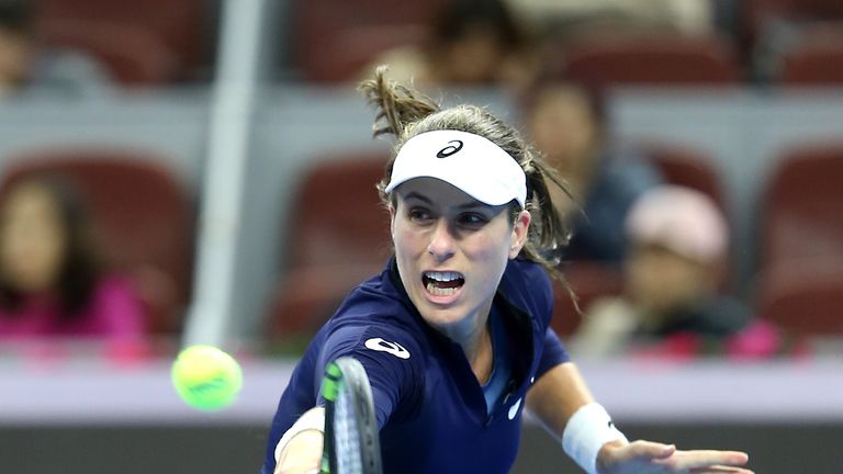 Johanna Konta of Britain returns a shot against Julia Goerges of Germany during their Women's Qualie Singles 2nd Round match of the 2018 China Open at the China National Tennis Center on September 29, 2018 in Beijing, China.