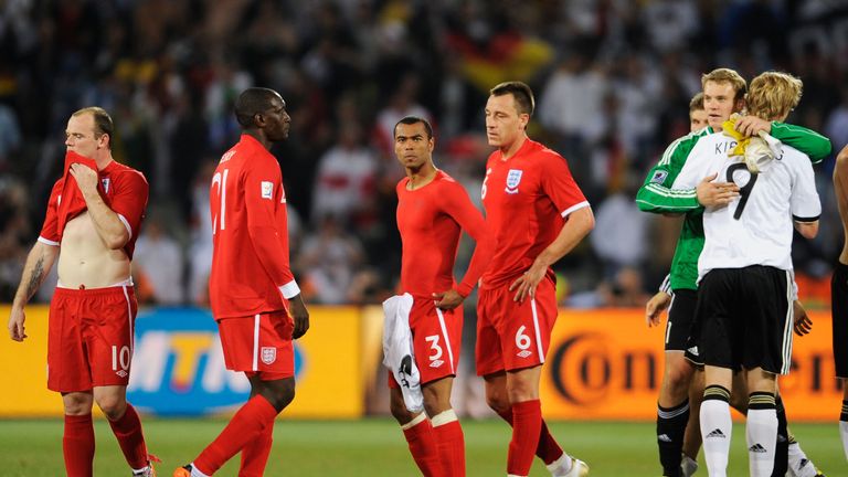 during the 2010 FIFA World Cup South Africa Round of Sixteen match between Germany and England at Free State Stadium on June 27, 2010 in Bloemfontein, South Africa.