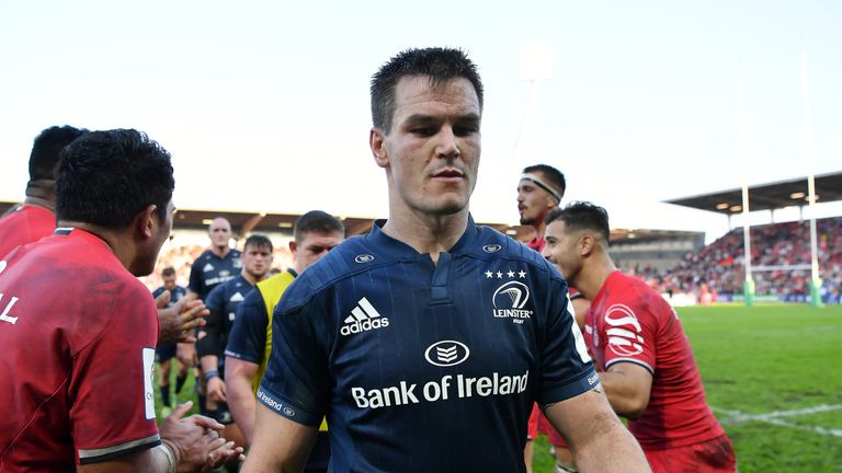 A dejected Johnny Sexton of Leinster leaves the field following defeat during the Champions Cup match between Toulouse and Leinster Rugby at Stade Ernest-Wallon on October 21, 2018 in Toulouse, France.