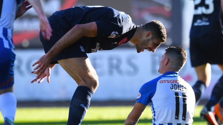 Dundee's Ryan Inniss is unhappy with  Kilmarnock's Jordan Jones after penalty award