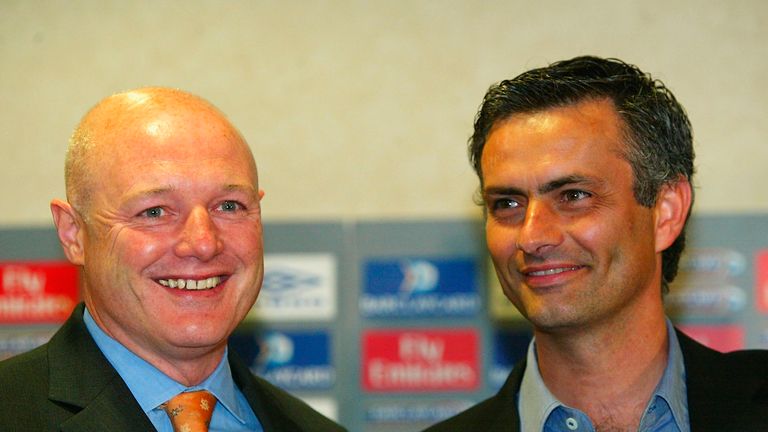 LONDON - JUNE 2: Chelsea Manager Jose Mourinho with Chief Executive Peter Kenyon during the Chelsea press conference  at Stamford Bridge on June 2, 2004 in London.  (Photo by Ben Radford/Getty Images)