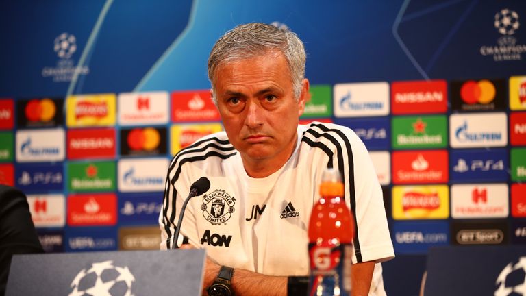 Jose Mourinho attends a press conference ahead of Manchester United&#39;s Group H match against Valencia