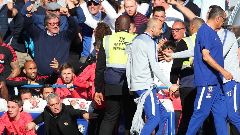 Jose Mourinho reacts to a member of Chelsea&#39;s backroom staff over-celebrating a stoppage time equaliser