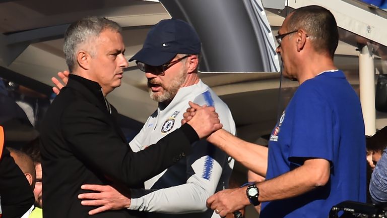 Mourinho and Sarri shake hands after a 2-2 draw at Stamford Bridge