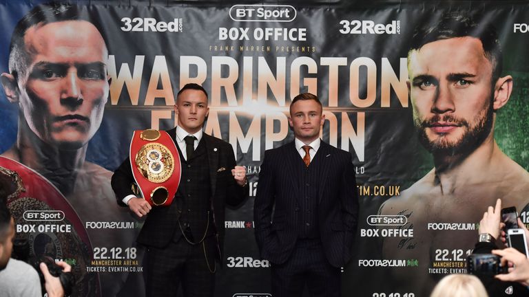 BELFAST, NORTHERN IRELAND - SEPTEMBER 27: Josh Warrington (L) and Carl Frampton (R) pose with one another during a press conference at the Clayton hotel on September 27, 2018 in Belfast, Northern Ireland. Josh Warrington will defend his IBF world featherweight title against Carl Frampton at the MEN Arena in Manchester on December 22nd. Today's press conference was the final leg of a three day tour to promote the fight. (Photo by Charles McQuillan/Getty Images)
