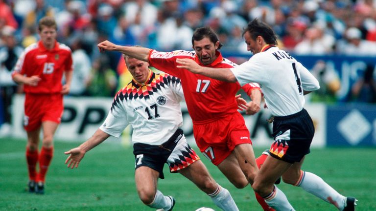 CHICAGO, UNITED STATES - JULY 02:  Martin Wagner of Germany and Josip Weber of Belgium and Juergen Kohler of Germany in action during the World Cup eighth final match between Germany and Belgium on July 02, 1994 in Chicago, United States...(Photo by Beate Mueller/Bongarts/Getty Images) *** Local Caption *** Martin Wagner;Josip Weber;Juergen Kohler