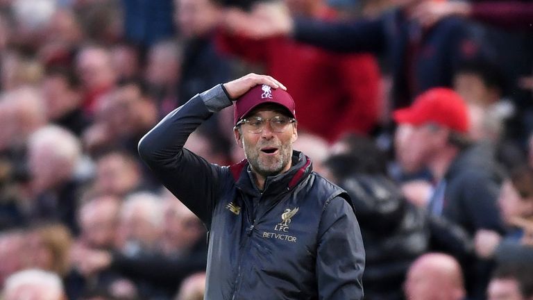 Jurgen Klopp reacts during the Premier League match between Liverpool and Manchester City at Anfield on October 7, 2018