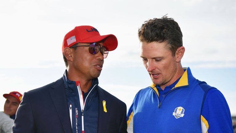 Justin Rose with Tiger Woords during singles matches of the 2018 Ryder Cup at Le Golf National on September 30, 2018 in Paris, France.