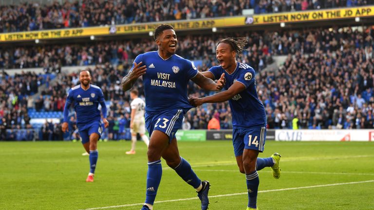 Kadeem Harris celebrates with Bobby Reid after scoring Cardiff's fourth goal