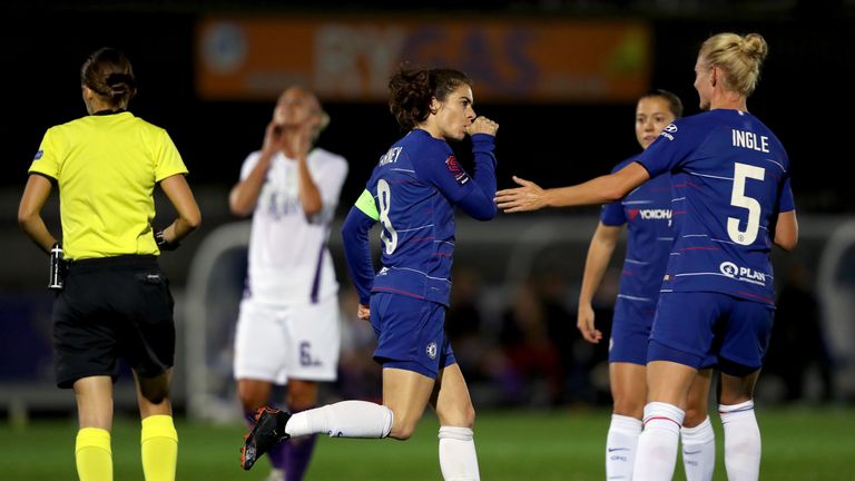 Karen Carney during the UEFA Women's Champions League Round of 16 1st Leg match between Chelsea Women and Fiorentina Women at The Cherry Red Records Stadium on October 17, 2018 in Kingston upon Thames, England.