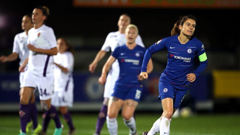 Chelsea Women's Karen Carney celebrates scoring her side's goal from the penalty spot