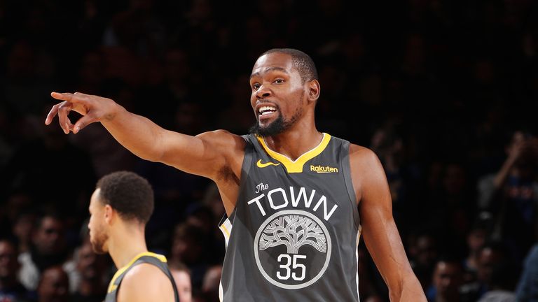 Kevin Durant #35 of the Golden State Warriors reacts against the New York Knicks on October 26, 2018 at Madison Square Garden in New York City, New York. 