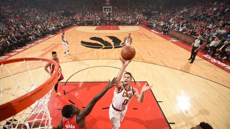 Kevin Love of the Cleveland Cavaliers goes to the basket against the Toronto Raptors on October 17, 2018 at Scotiabank Arena in Toronto, Ontario, Canada.