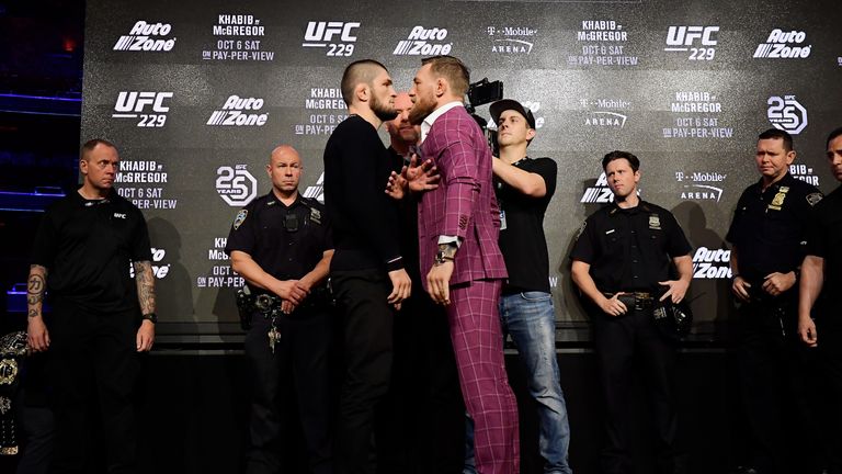 Khabib Nurmagomedov faces-off with Conor McGregor during the UFC 229 Press Conference at Radio City Music Hall 