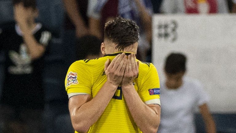 Kieran Tierney reacts to scoring the own goal which gave Israel the lead