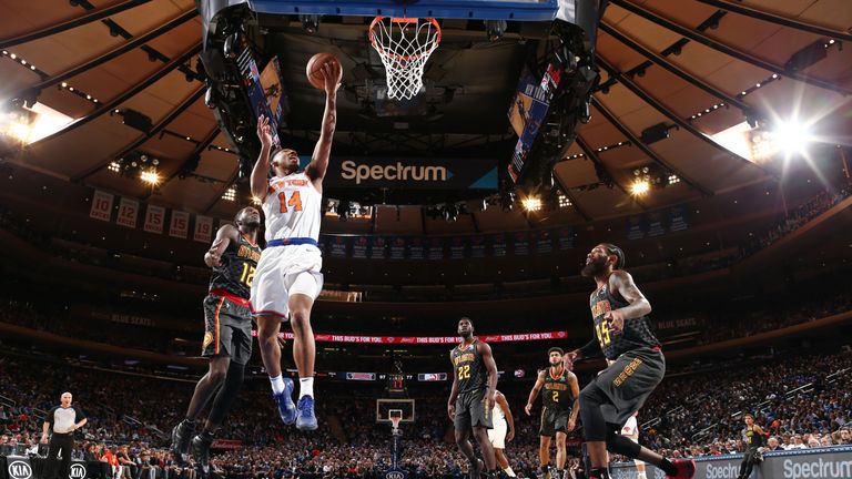 Allonzo Trier #14 of the New York Knicks shoots the ball against the Atlanta Hawks during the game on October 17, 2018 at Madison Square Garden in New York City, New York.