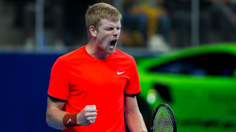 Britain's Kyle Edmund celebrates after winning his tennis match against France's Gael Monfils in the final of the 'European Open' hard court tennis tournament in Antwerp on October 21, 2018. - British number one Kyle Edmund fought back to down Gael Monfils in a final-set tie-break and claim his maiden ATP Tour title at the European Open in Antwerp. 