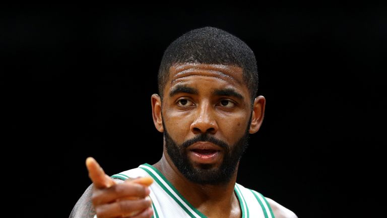 Kyrie Irving disputes a call during the first half of the Pistons @ Celtics game