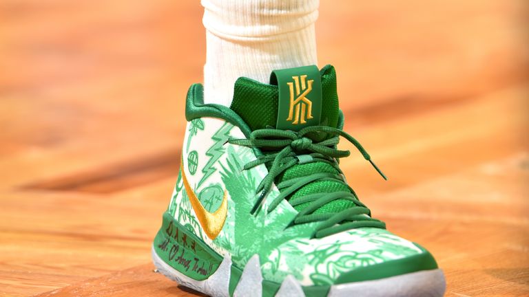  The sneakers worn by Kyrie Irving #11 of the Boston Celtics against the Philadelphia 76ers during a game on October 16, 2018 at TD Garden in Boston, Massachusetts.