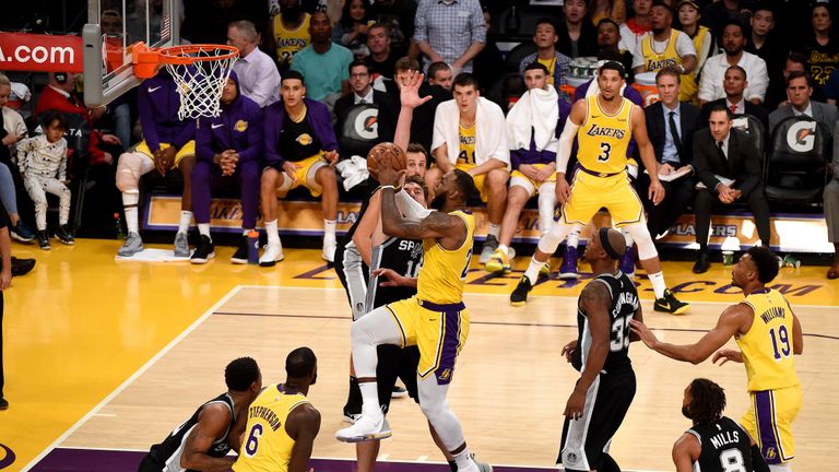  LeBron James #23 of the Los Angeles Lakers shoots the ball against the San Antonio Spurs on October 22, 2018 at STAPLES Center in Los Angeles, California.