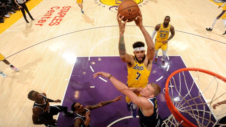 JaVale McGee #7 of the Los Angeles Lakers dunks the ball against the Denver Nuggets on October 25, 2018 at STAPLES Center in Los Angeles, California. 
