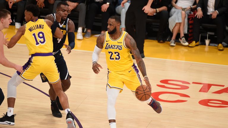  LeBron James #23 of the Los Angeles Lakers handles the ball against the Denver Nuggets on October 25, 2018 at Staples Center in Los Angeles, California. 