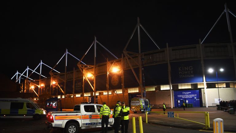 Police and emergency services outside Leicester City's King Power Stadium following a crash involving a helicopter belonging to the club's owner Vichai Srivaddhanaprabha