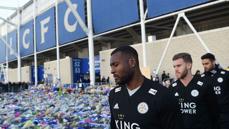 Leicester City captain Wes Morgan arrives to pay his respects to owner Vichai Srivaddhanaprabha who died when his helicopter crashed outside the King Power Stadium on Saturday evening