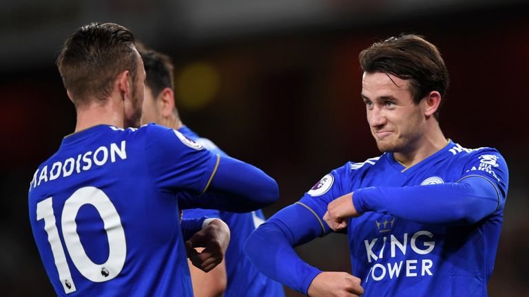 Ben Chilwell celebrates with James Maddison after Leicester's opening goal