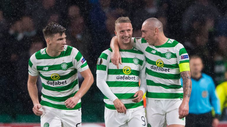 Celtic's Leigh Griffiths' is congratulated by team-mate Scott Brown during the Europa League, Group B match against Rosenborg