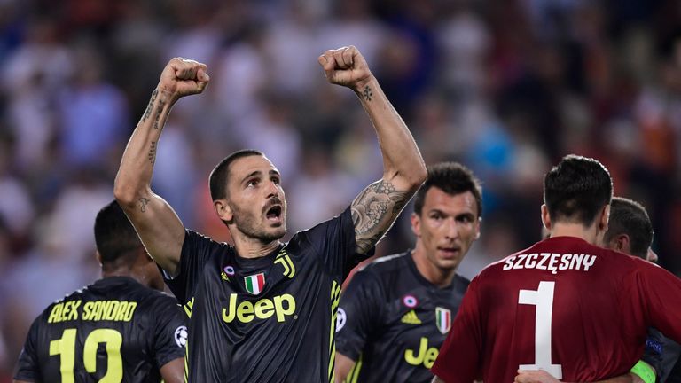 Juventus' Italian defender Leonardo Bonucci celebrates at the end of the UEFA Champions League group H football match between Valencia CF and Juventus FC at the Mestalla stadium in Valencia on September 19