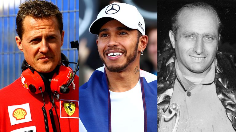 Michael Schumacher, Lewis Hamilton and Juan Manuel Fangio