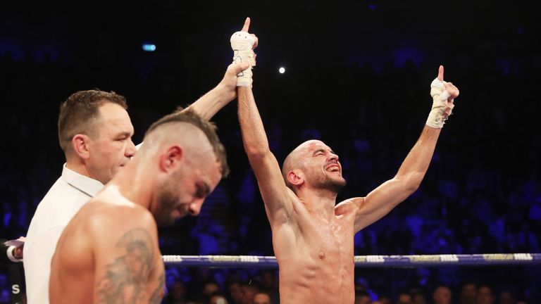 NEWCASTLE UPON TYNE, ENGLAND - OCTOBER 13 Francesco Patera celebrates victory over Lewis Ritson during the European Lightweight Championship fight at Metro Radio Arena on October 13, 2018 in Newcastle upon Tyne, England. (Photo by Ian MacNicol/Getty Images)