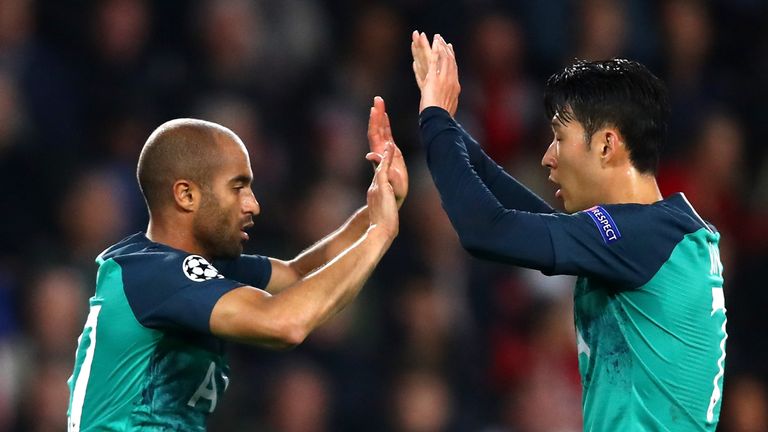 Lucas Moura and Heung-Min Son celebrate Tottenham's equaliser against PSV