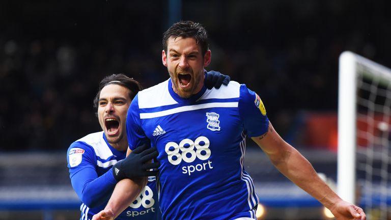 BIRMINGHAM, ENGLAND - OCTOBER 27: Lukas Jutkiewicz celebrates with Jota of Birmingham after he scores during the Sky Bet Championship match between Birmingham City and Sheffield Wednesday at St Andrew's Trillion Trophy Stadium on October 27, 2018 in Birmingham, England. (Photo by Nathan Stirk/Getty Images)