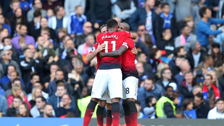 Anthony Martial celebrates his second Manchester United goal at Chelsea - and his third in his last two games