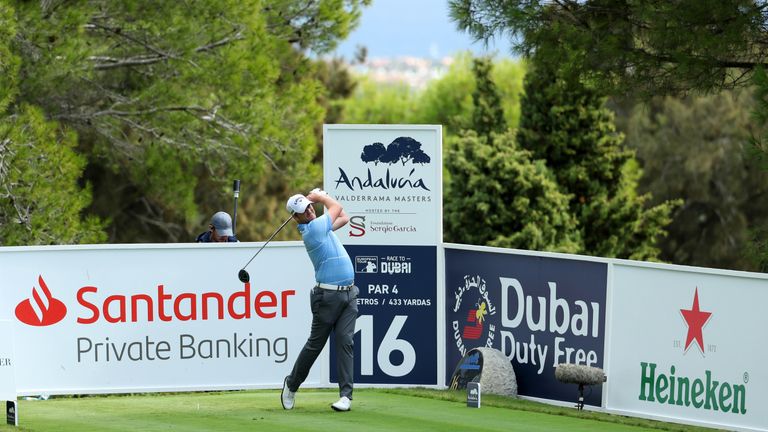  during the resumption of the weather delayed first round on day two of Andalucia Valderrama Masters at Real Club Valderrama on October 19, 2018 in Cadiz, Spain.