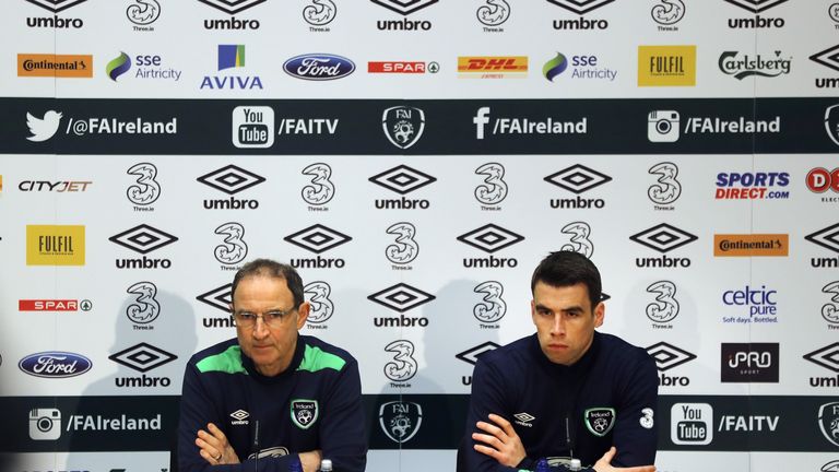 Ireland manager Martin O'Neill and Seamus Coleman during a press conference at the FAI National Training Centre, Dublin. PRESS ASSOCIATION Photo. Picture date: Thursday March 23, 2017. See PA story SOCCER Republic. Photo credit should read: Lorraine O'Sullivan/PA Wire. RESTRICTIONS: Use subject to restrictions. Editorial use only. No commercial use.