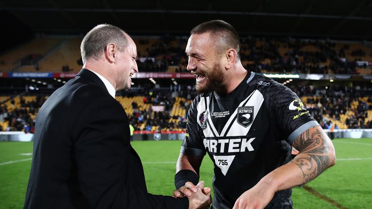 Michael Maguire celebrates with Jared Waerea-Hargreaves after beating Australia.