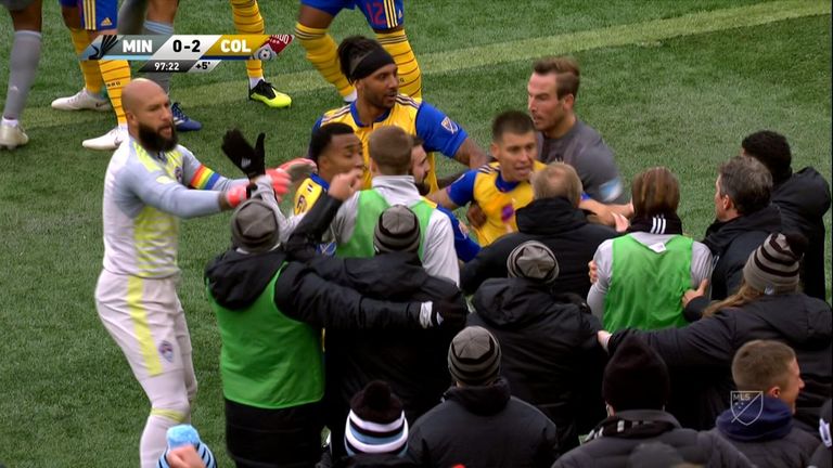 Fight breaks out during Colorado's 2-0 win over Minnesota.
