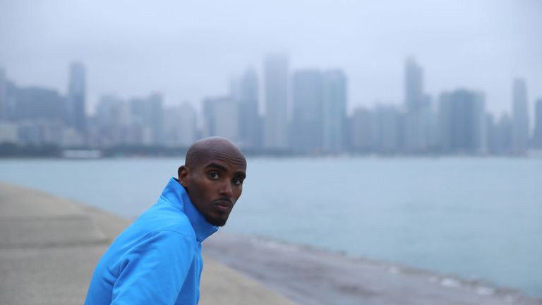 Sir Mo Farah on a training run alongside Lake Michigan ahead of the 2018 Bank of America Chicago Marathon on October 6, 2018 in Chicago, Illinois.
